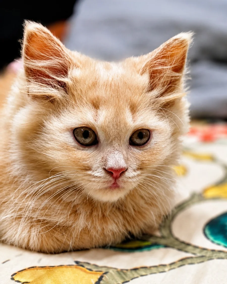 A ginger kitten resting on a patterned rug